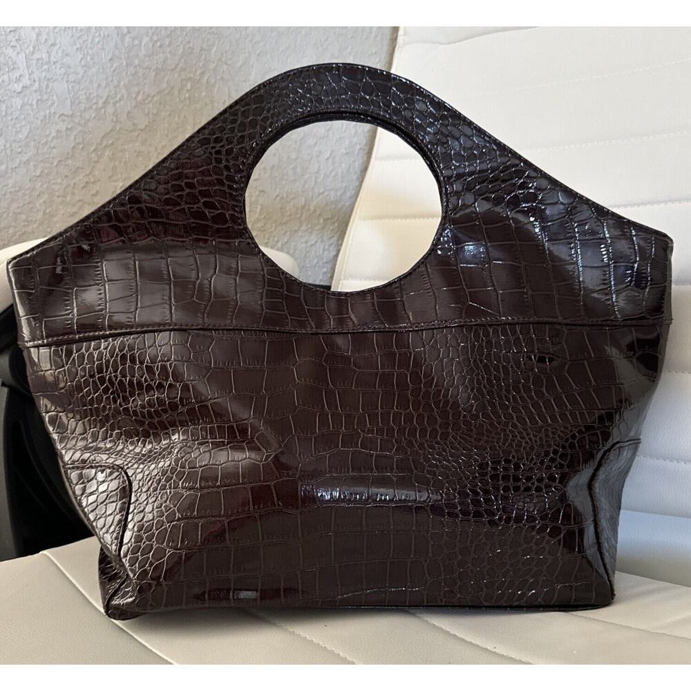 Faux Croc Leather Hobo Bag Mirrored Retro Shoulder Handbag Brown - Picture 3 of 11